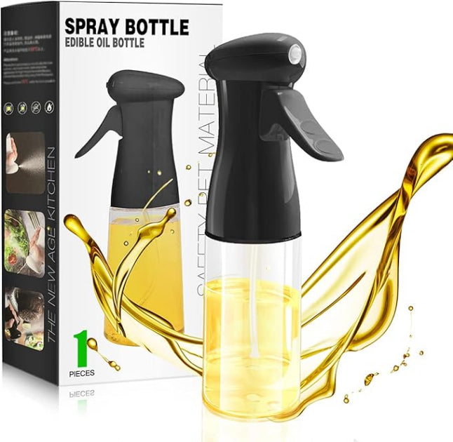 Black spray bottle with yellow liquid next to its packaging on a white background