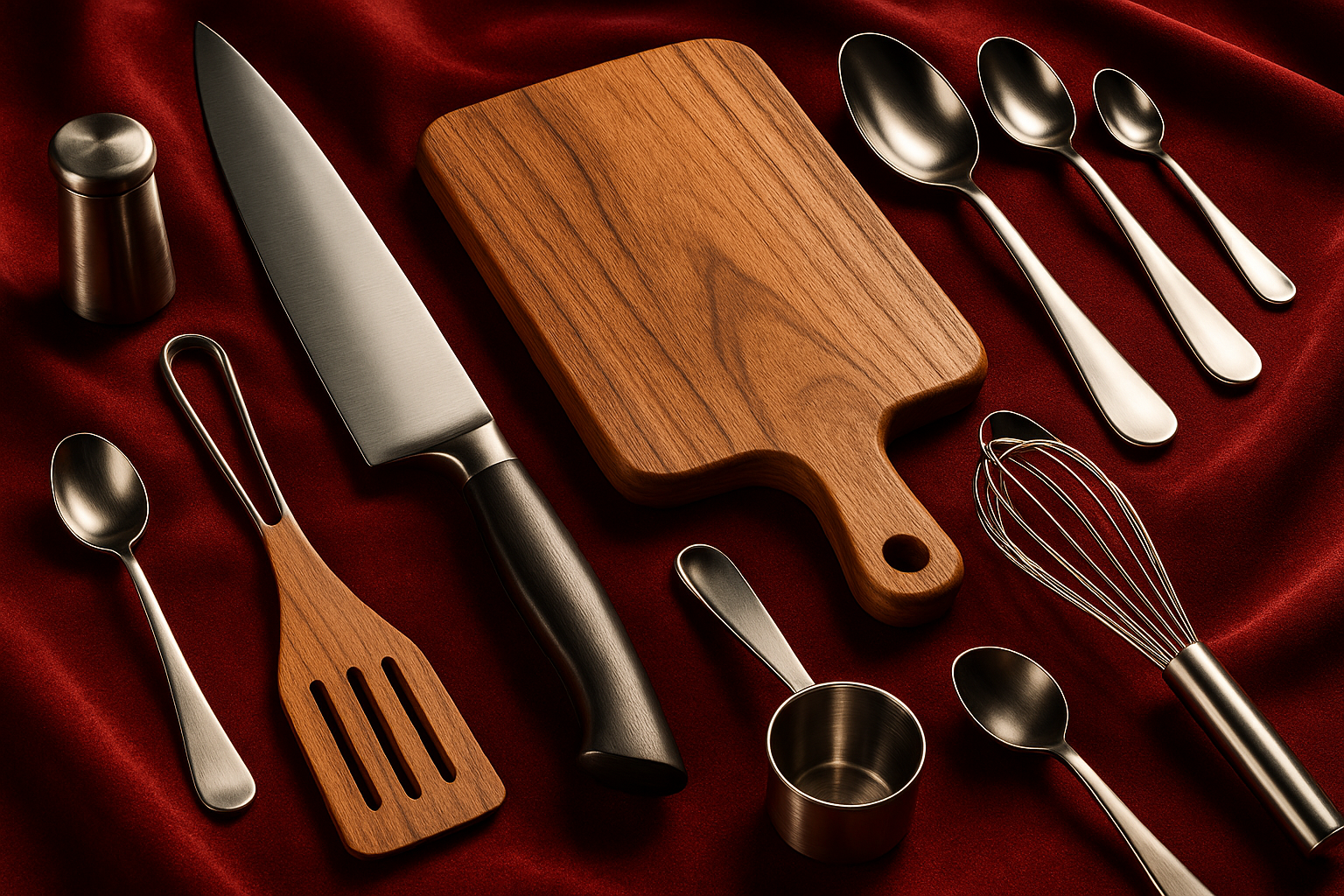 make a 3d image for my store in this image kitchen products like knife spoone cutting board  etc the background color off image is red valvet