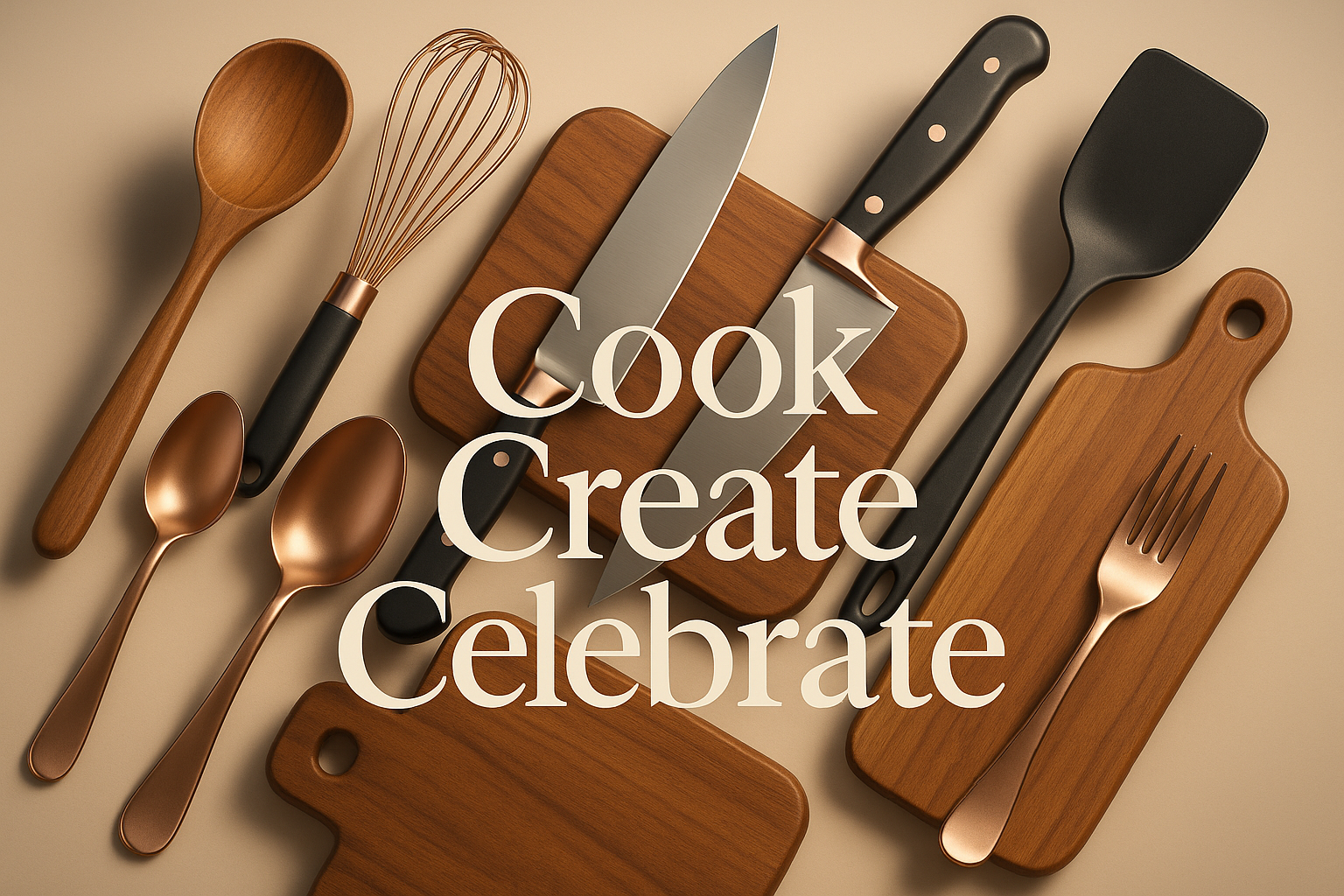 make a 3d image for my store in this image kitchen products like spoon knife ect ...
and my slogen is Cook Create Celebrate